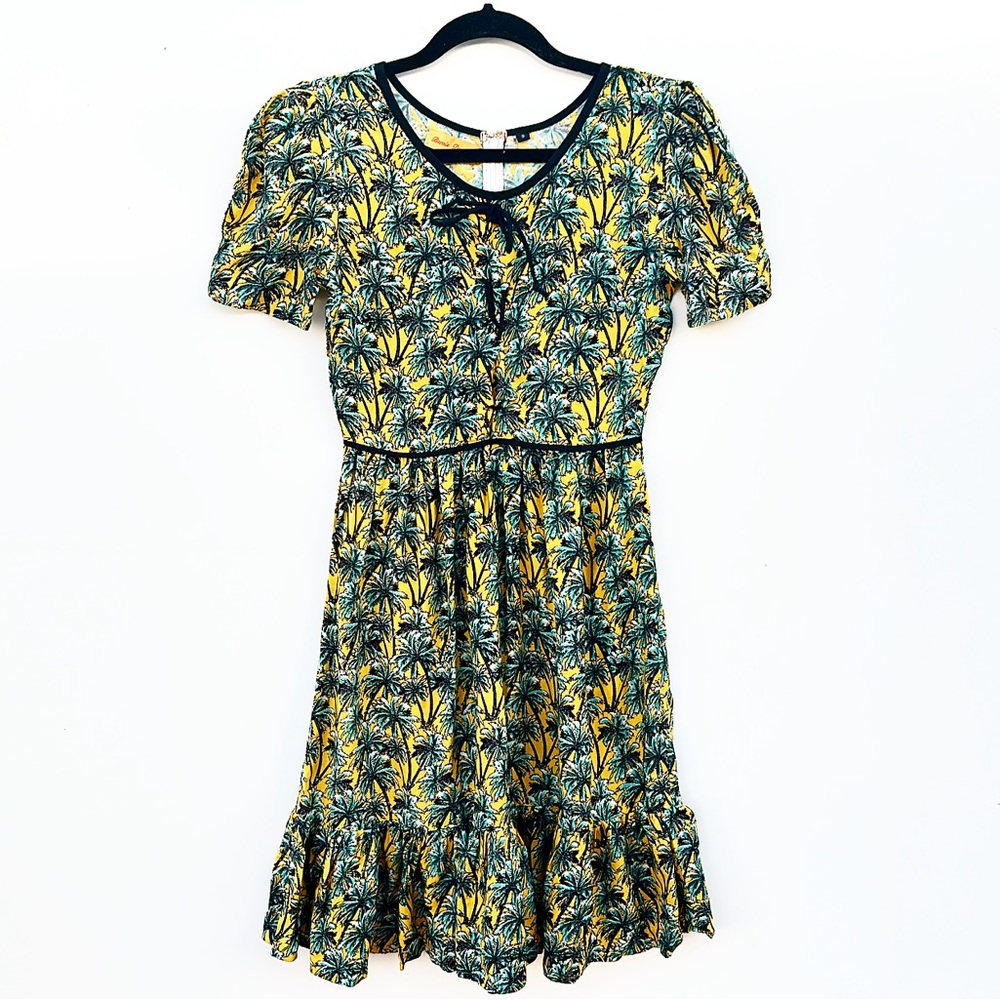 Bernie Dexter Palm Tree Print Dress Retro Pinup Short Sleeve Lace Up Ruffle